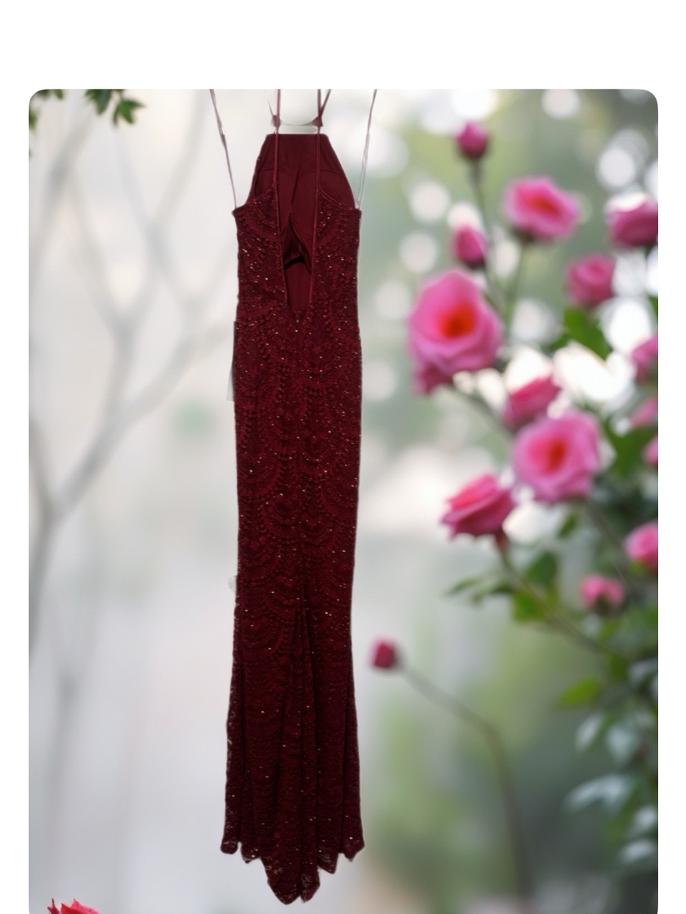 Michele Burgundy Sequin Halter Maxi Dress for prom - Picture 3 of 8